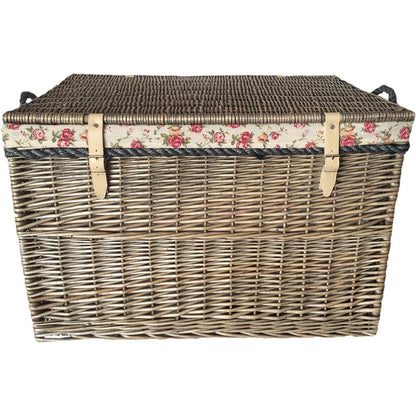 29 Inch Antique Wash Willow Storage Hamper with Rope Handles and Garden Rose Lining