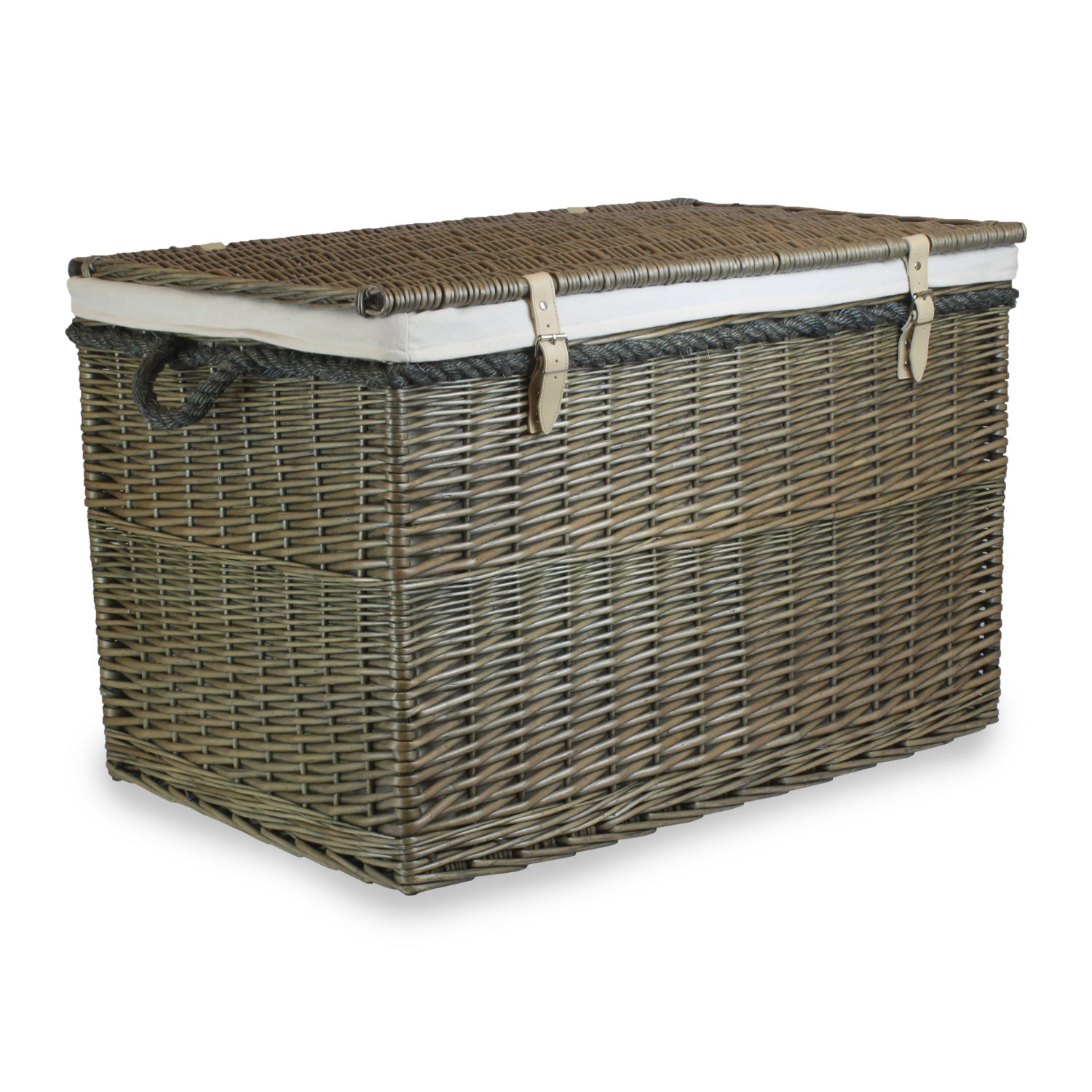 29 Inch Antique Wash Willow Storage Hamper with Rope Handles and White Lining