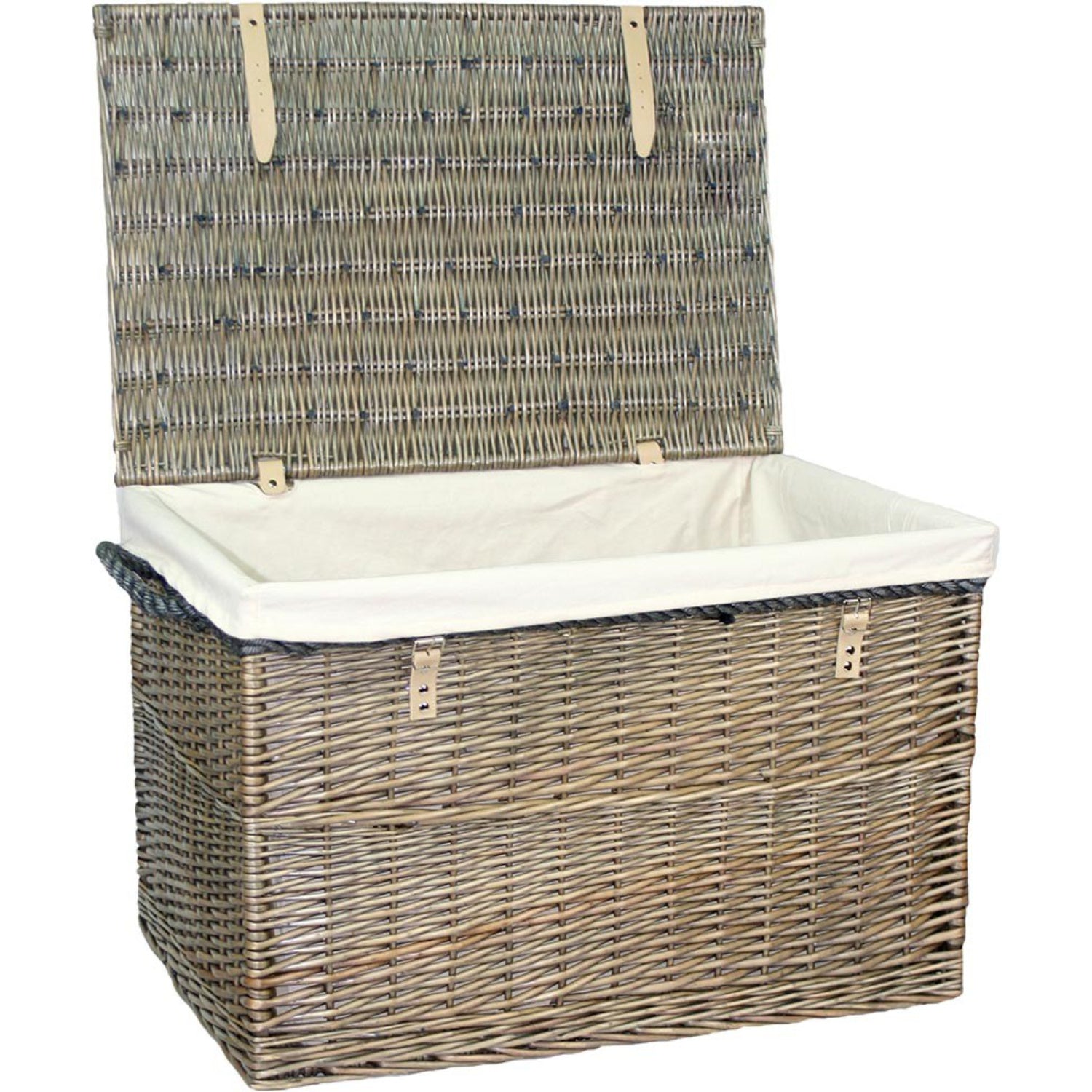 29 Inch Antique Wash Willow Storage Hamper with Rope Handles and White Lining