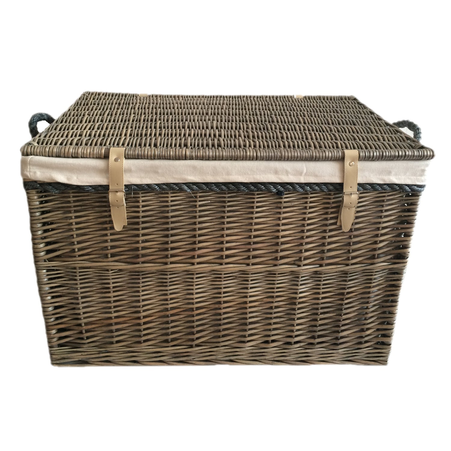 29 Inch Antique Wash Willow Storage Hamper with Rope Handles and White Lining