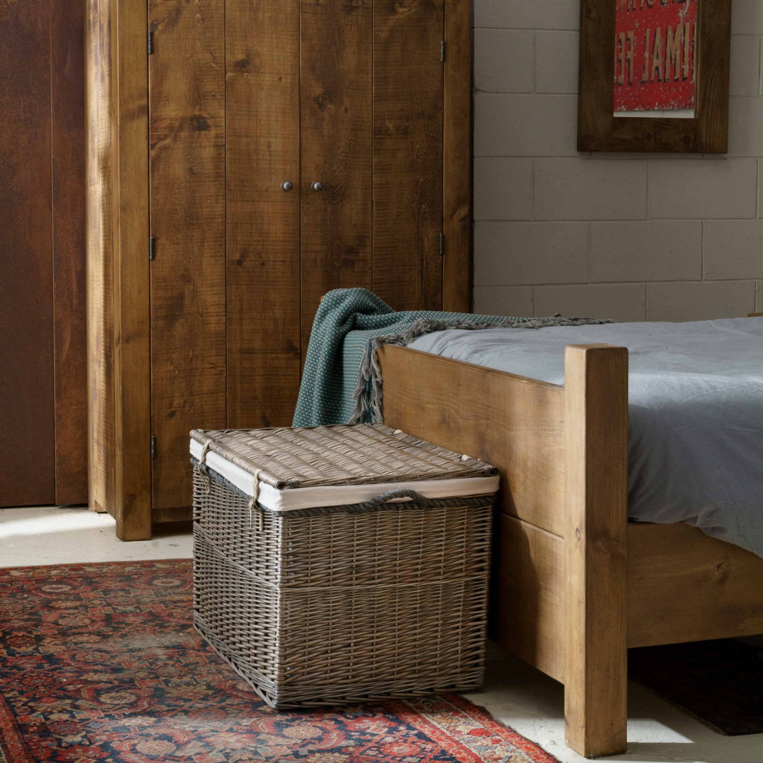 29 Inch Antique Wash Willow Storage Hamper with Rope Handles and White Lining