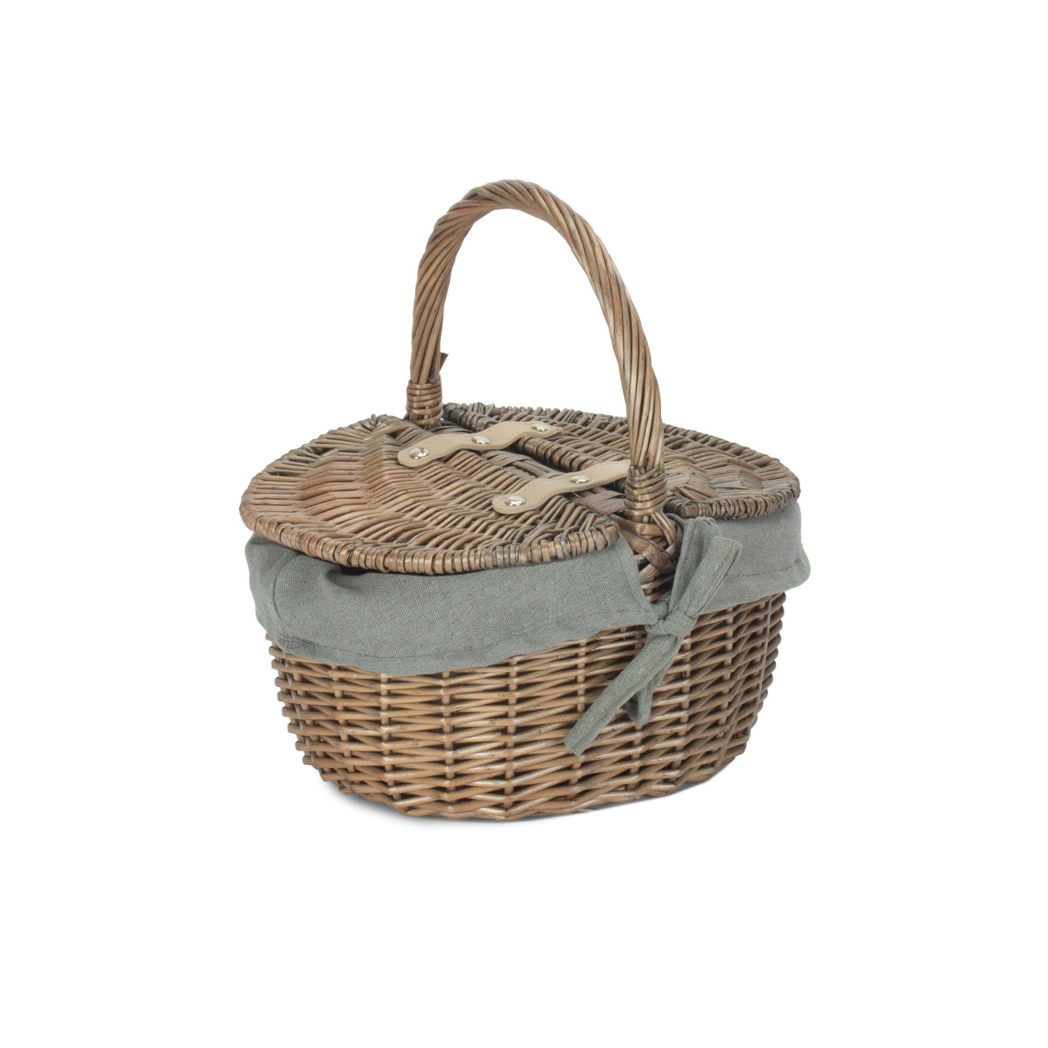Small Antique Wash Finish Willow Oval Picnic Basket with Grey Sage Lining