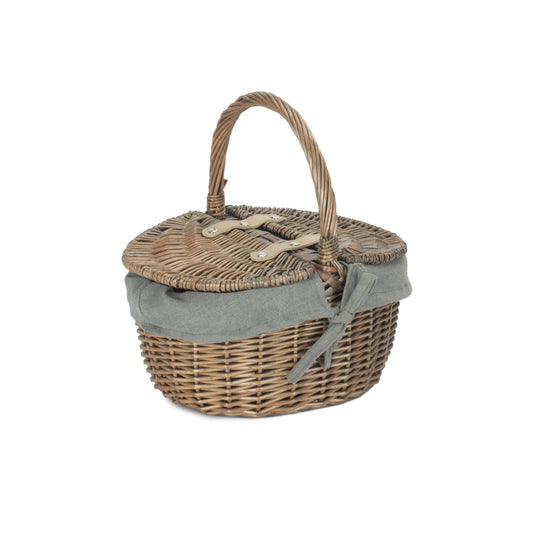 Small Antique Wash Finish Willow Oval Picnic Basket with Grey Sage Lining