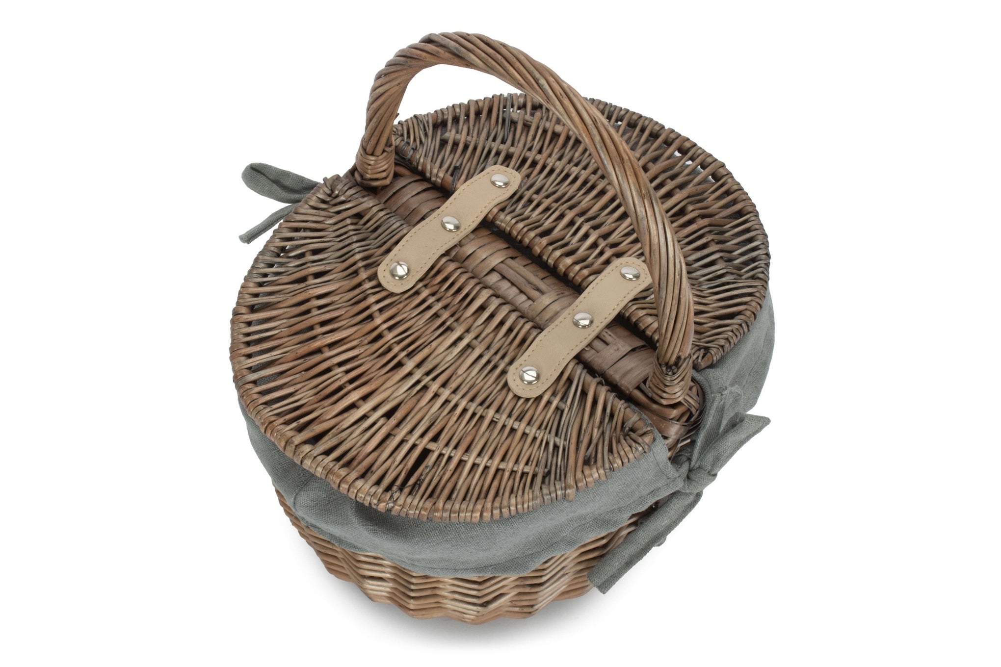 Small Antique Wash Finish Willow Oval Picnic Basket with Grey Sage Lining