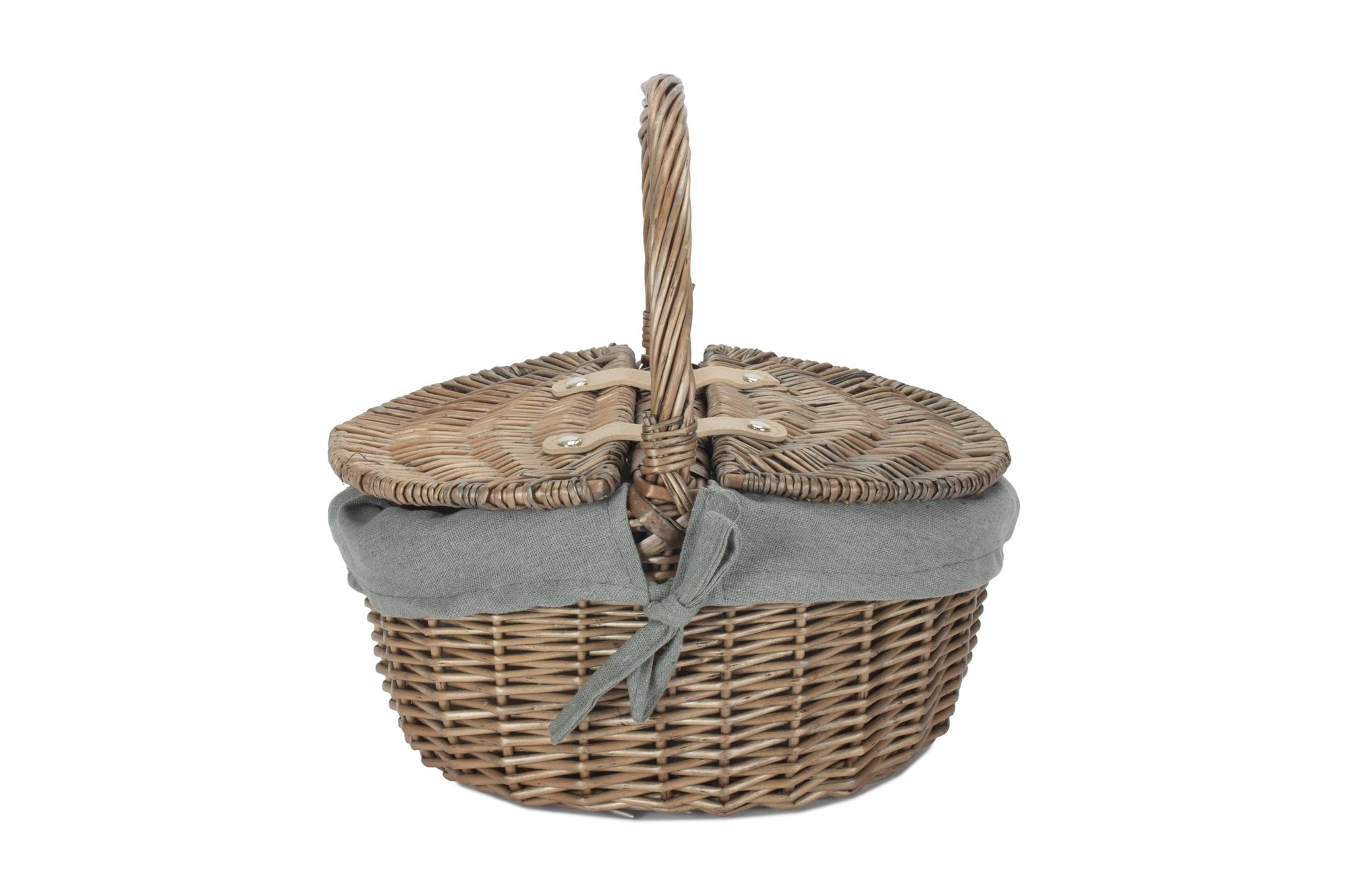 Small Antique Wash Finish Willow Oval Picnic Basket with Grey Sage Lining