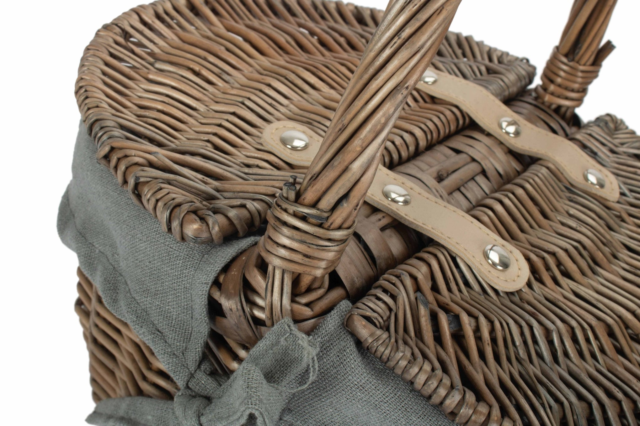 Small Antique Wash Finish Willow Oval Picnic Basket with Grey Sage Lining
