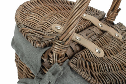 Small Antique Wash Finish Willow Oval Picnic Basket with Grey Sage Lining