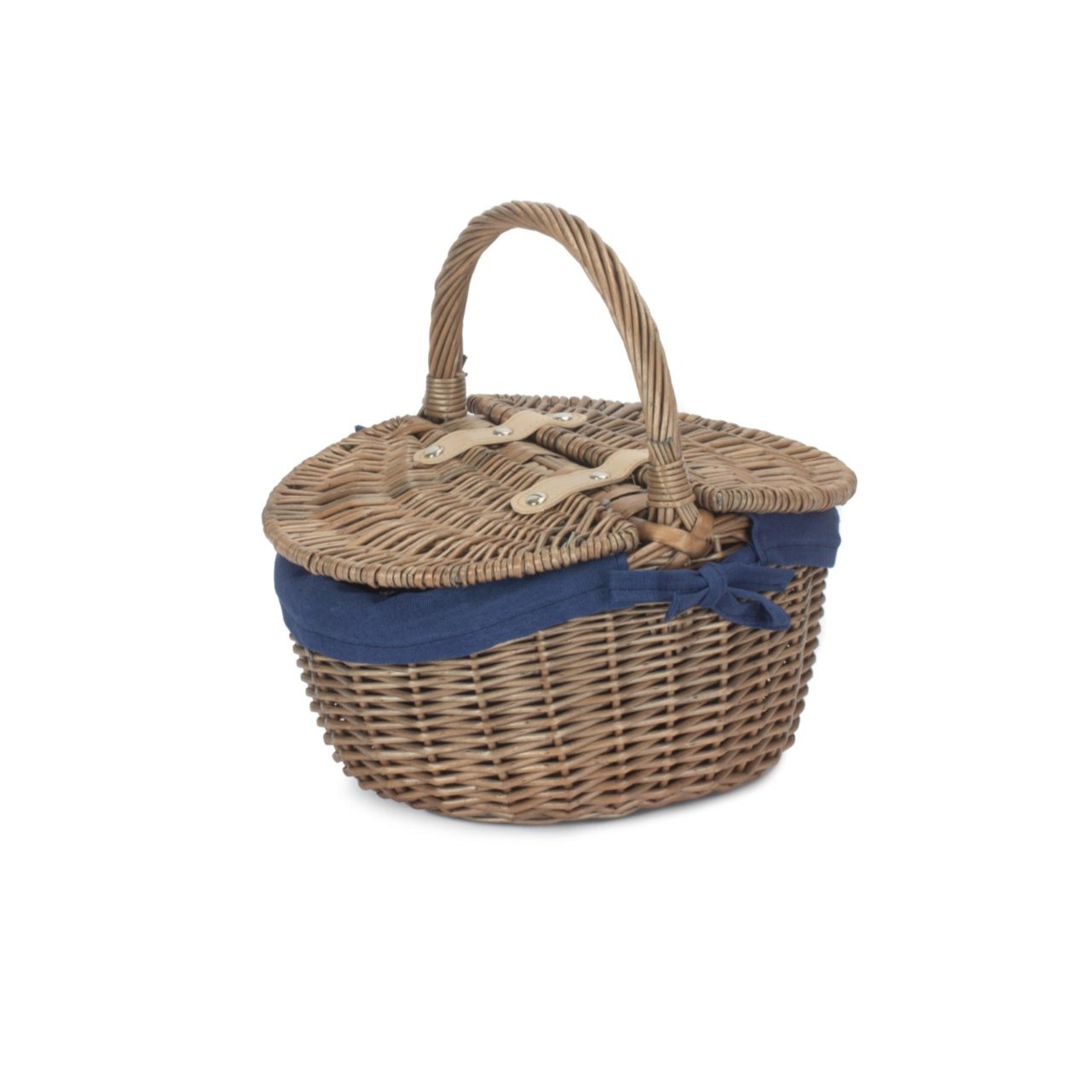 Small Antique Wash Finish Willow Oval Picnic Basket Navy Blue Lining