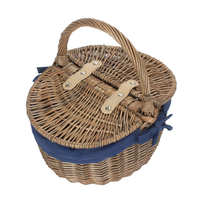 Small Antique Wash Finish Willow Oval Picnic Basket with Navy Blue Lining