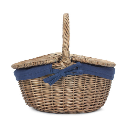 Small Antique Wash Finish Willow Oval Picnic Basket with Navy Blue Lining