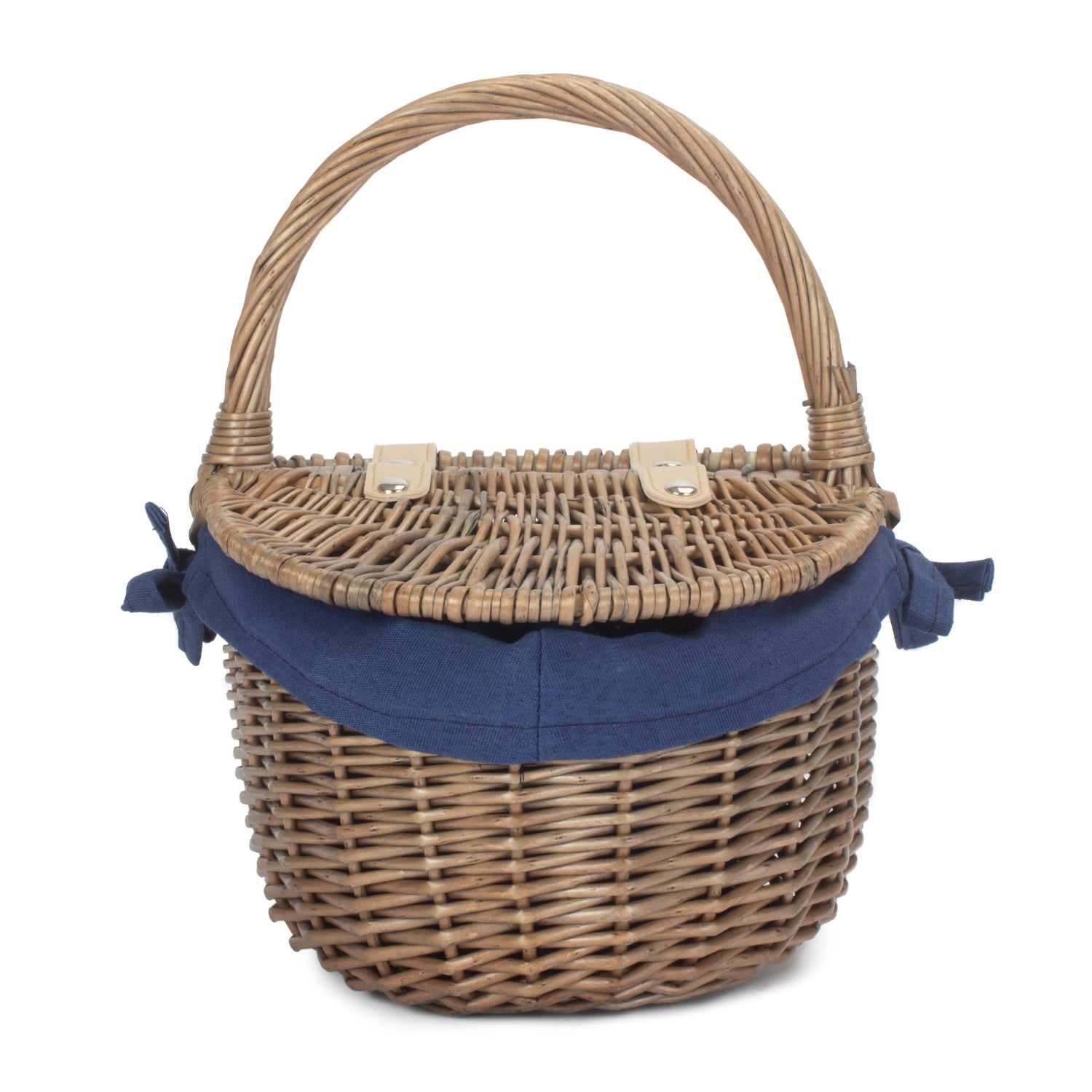 Small Antique Wash Finish Willow Oval Picnic Basket with Navy Blue Lining
