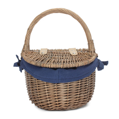 Small Antique Wash Finish Willow Oval Picnic Basket with Navy Blue Lining