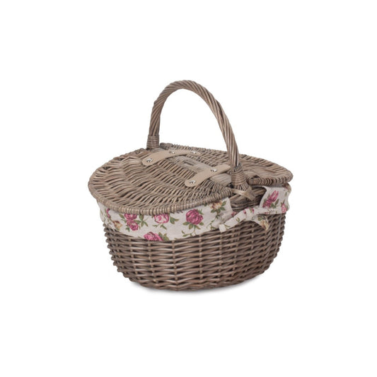 Small Antique Wash Finish Willow Oval Picnic Basket with Garden Rose Lining