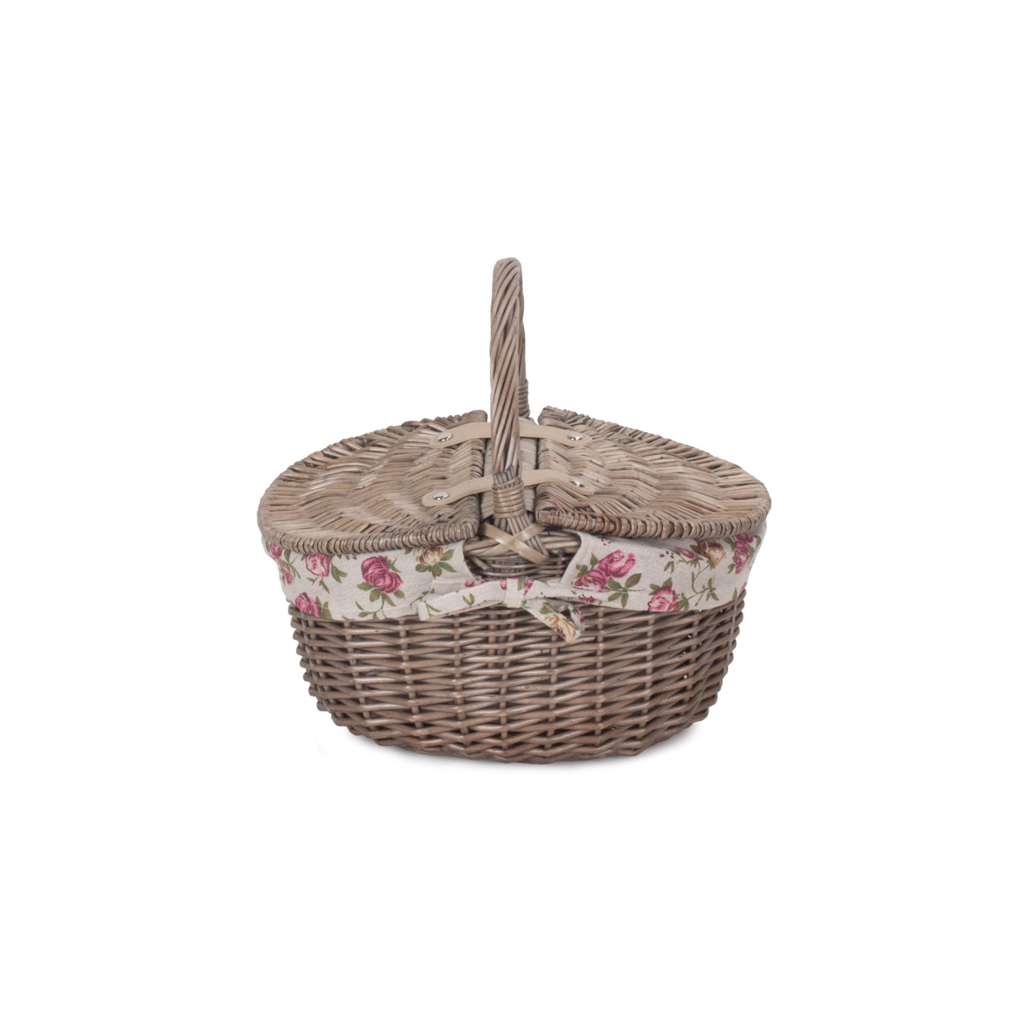 Small Antique Wash Finish Willow Oval Picnic Basket with Garden Rose Lining