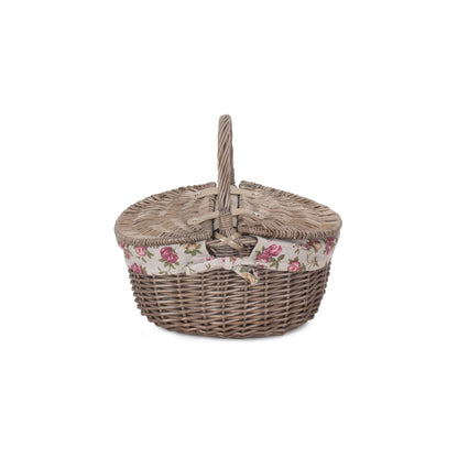 Small Antique Wash Finish Willow Oval Picnic Basket with Garden Rose Lining