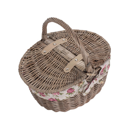 Small Antique Wash Finish Willow Oval Picnic Basket with Garden Rose Lining