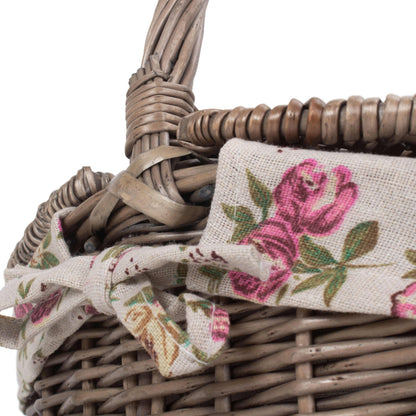 Small Antique Wash Finish Willow Oval Picnic Basket with Garden Rose Lining