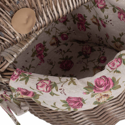 Small Antique Wash Finish Willow Oval Picnic Basket with Garden Rose Lining