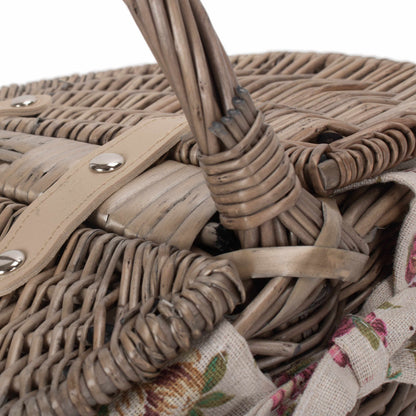 Small Antique Wash Finish Willow Oval Picnic Basket with Garden Rose Lining