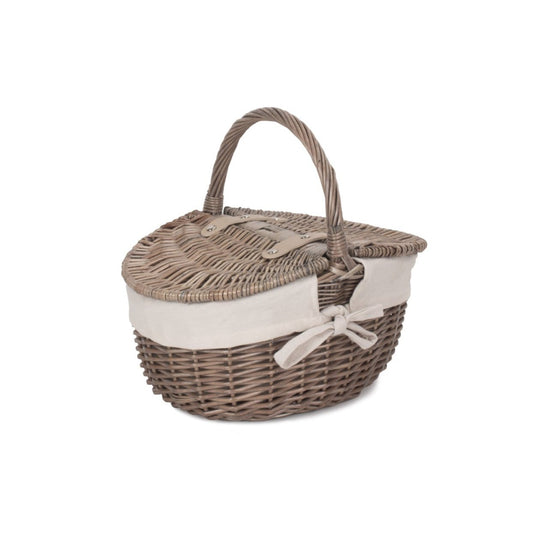 Small Antique Wash Finish Willow Oval Picnic Basket with White Lining