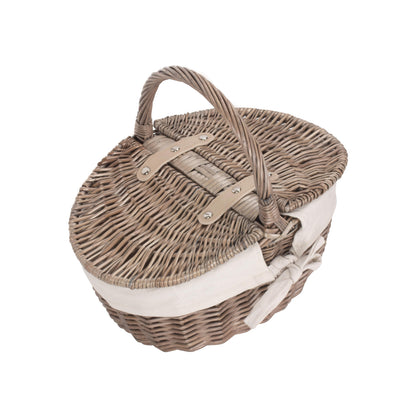 Small Antique Wash Finish Willow Oval Picnic Basket with White Lining