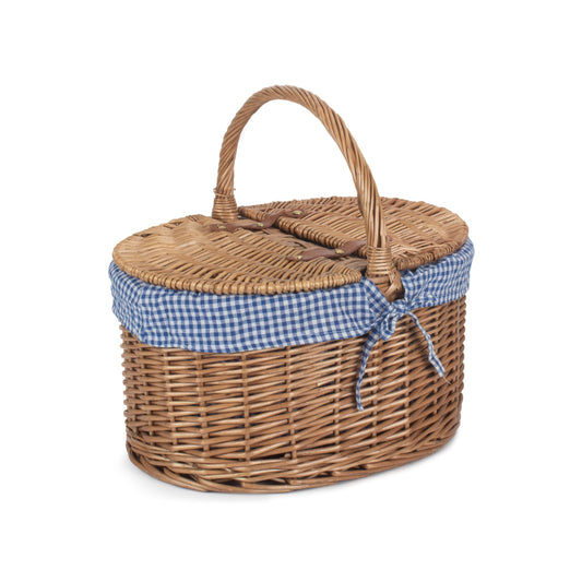 Light Steamed Willow Oval Lidded Picnic Hamper Basket with Blue & White Checked Lining