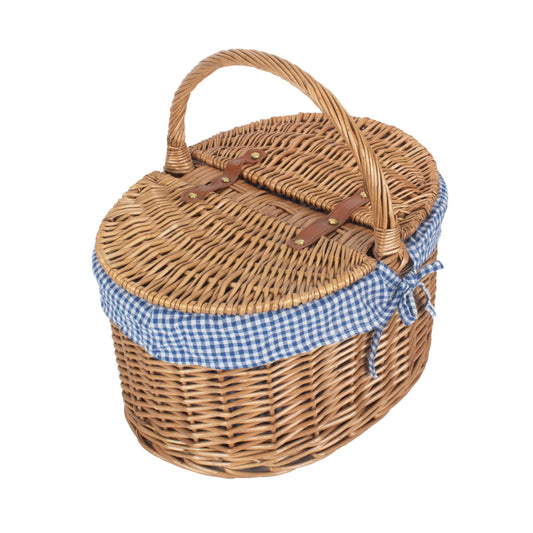 Light Steamed Willow Oval Lidded Picnic Hamper Basket with Blue & White Checked Lining