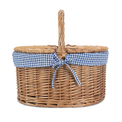 Light Steamed Willow Oval Lidded Picnic Hamper Basket with Blue & White Checked Lining