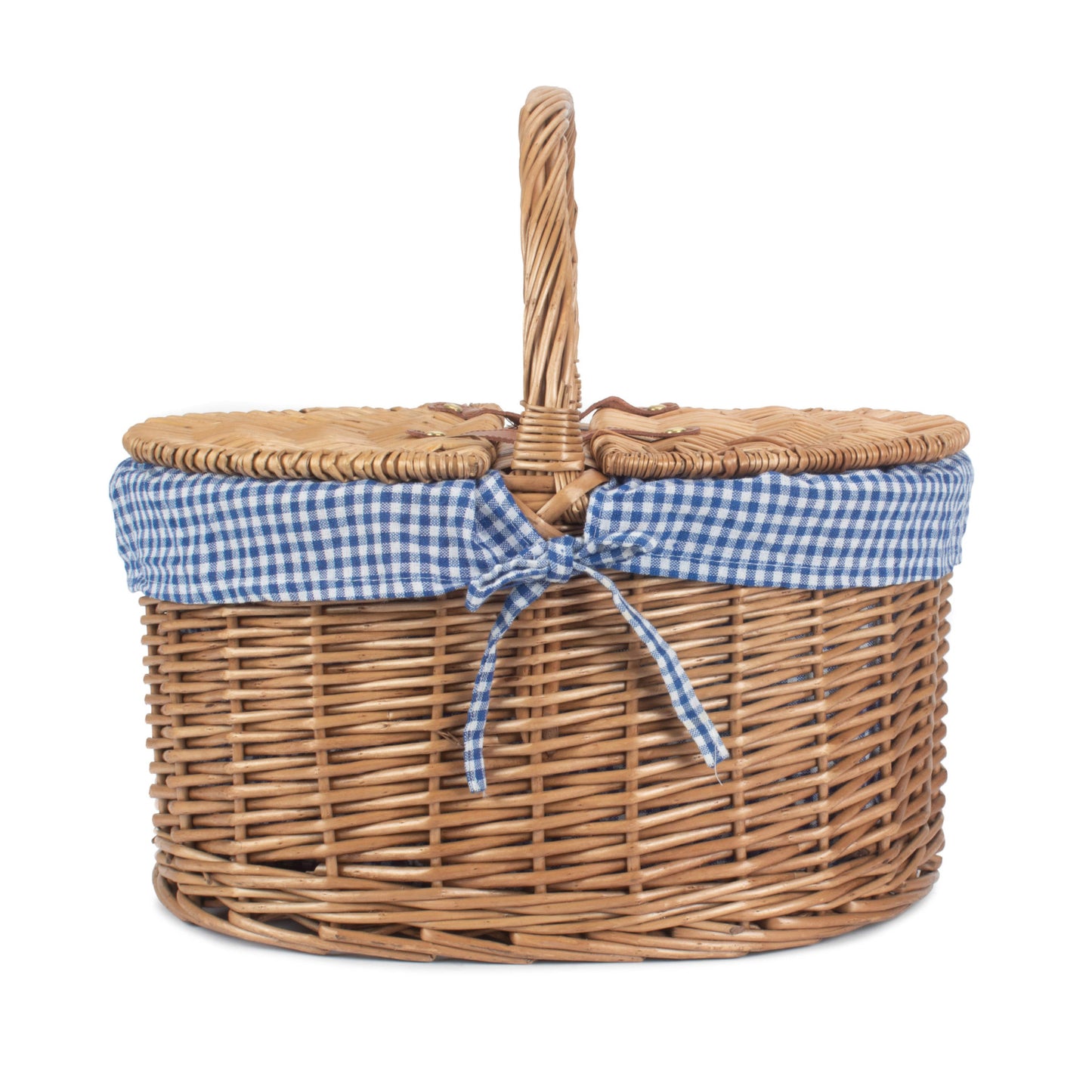 Light Steamed Oval Lidded Hamper With Blue & White Checked Lining