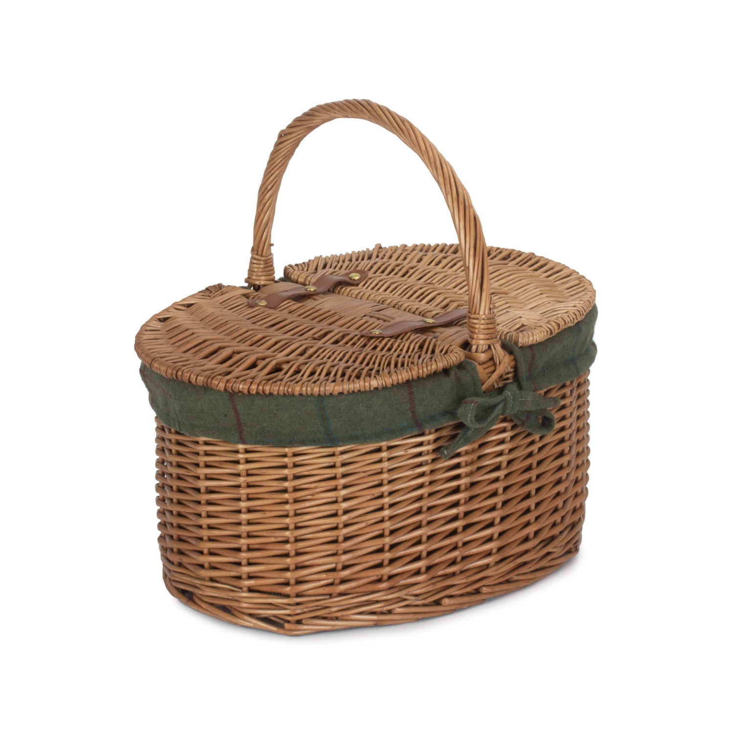 Light Steamed Willow Oval Lidded Picnic Hamper Basket with Green Tweed Lining