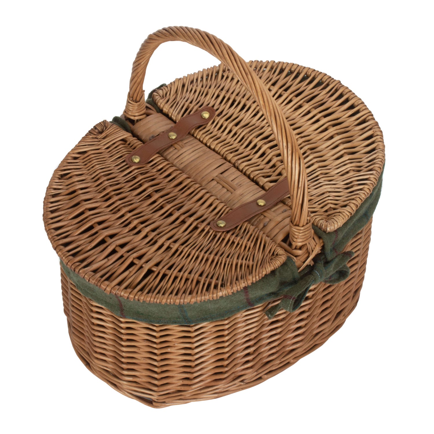 Light Steamed Willow Oval Lidded Picnic Hamper Basket with Green Tweed Lining