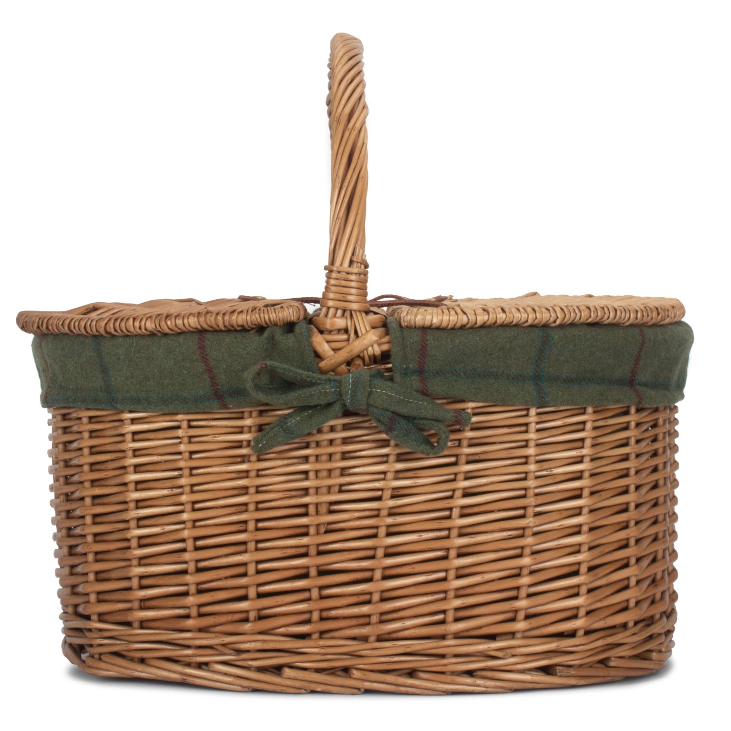 Light Steamed Willow Oval Lidded Picnic Hamper Basket with Green Tweed Lining