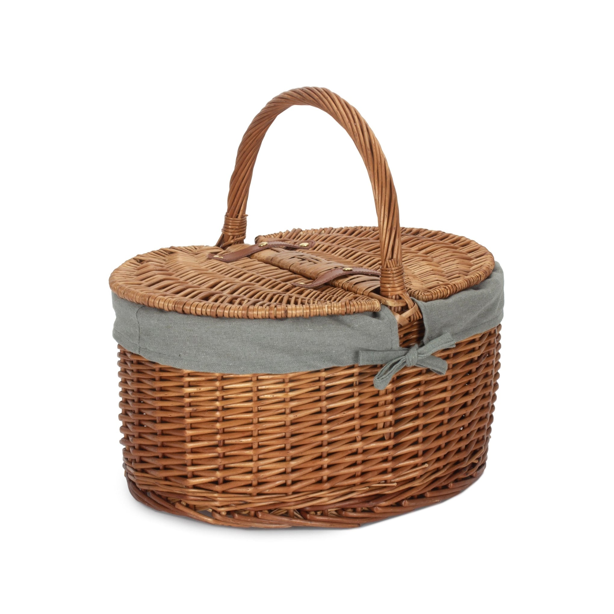 Light Steamed Willow Oval Lidded Picnic Hamper Basket with Grey Sage Lining