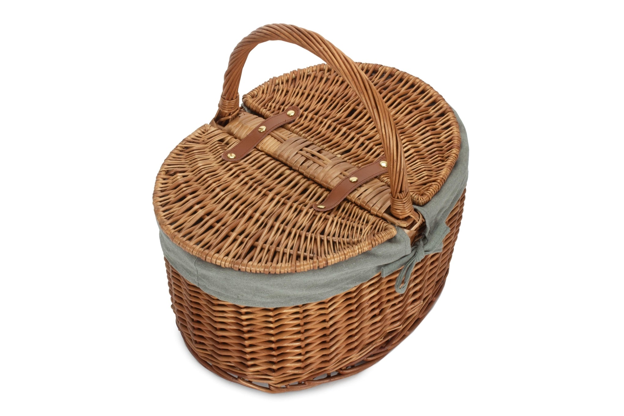 Light Steamed Willow Oval Lidded Picnic Hamper Basket with Grey Sage Lining