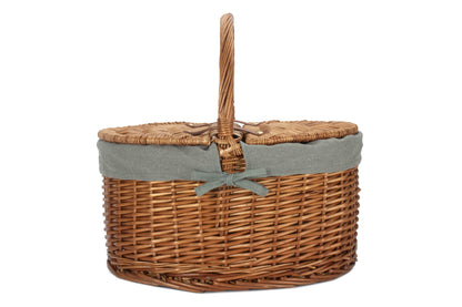 Light Steamed Willow Oval Lidded Picnic Hamper Basket with Grey Sage Lining