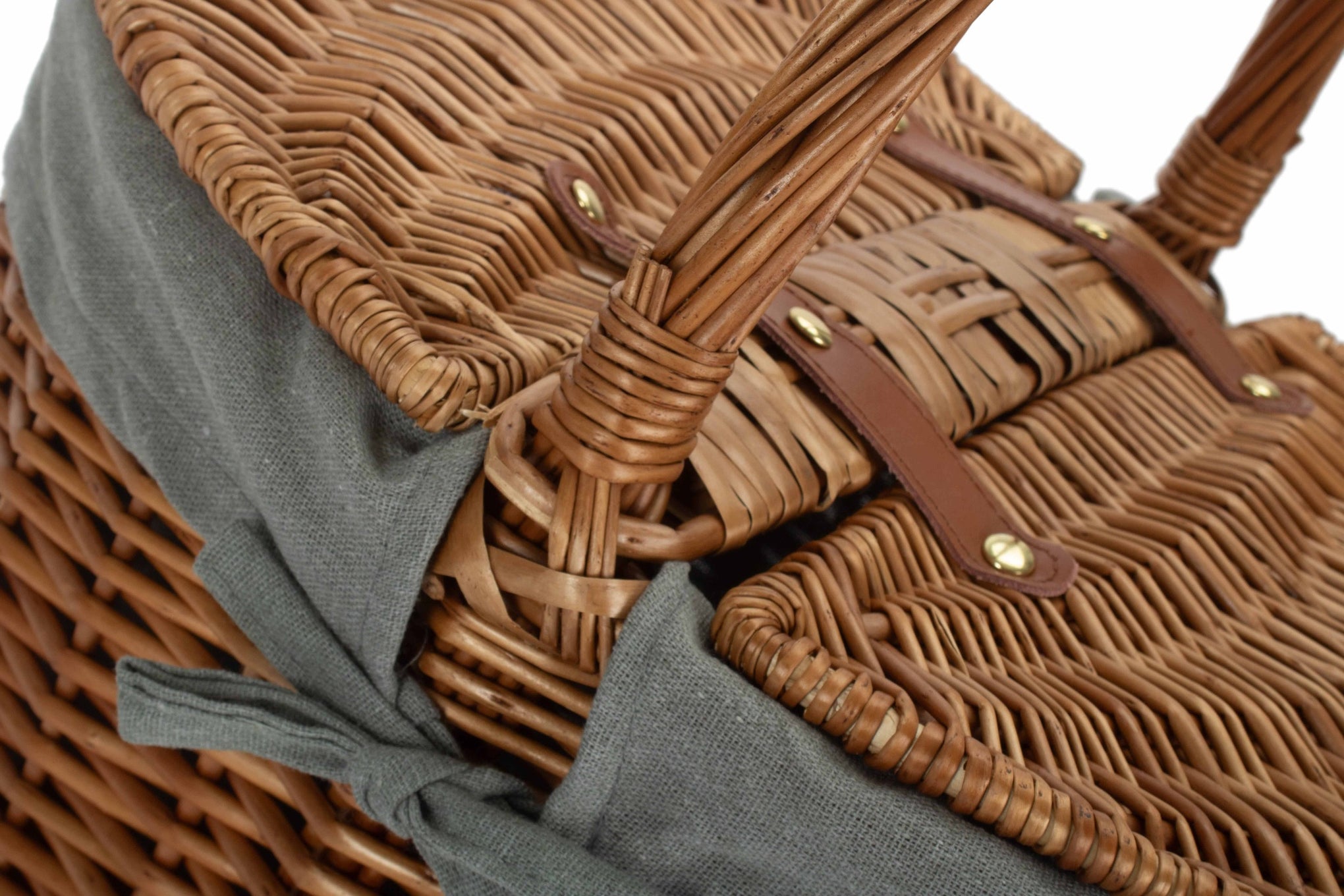 Light Steamed Willow Oval Lidded Picnic Hamper Basket with Grey Sage Lining