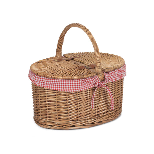 Light Steamed Willow Oval Lidded Picnic Hamper Basket with Red & White Checked Lining