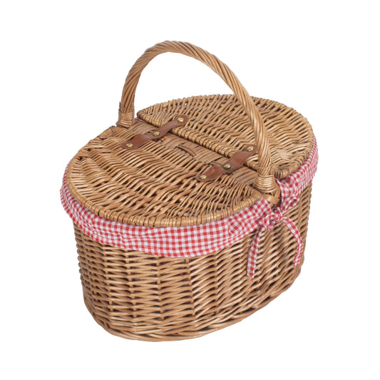 Light Steamed Willow Oval Lidded Picnic Hamper Basket with Red & White Checked Lining