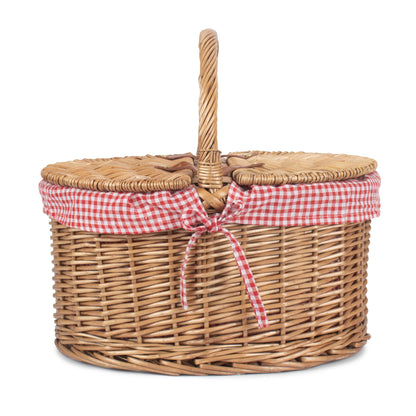 Light Steamed Willow Oval Lidded Picnic Hamper Basket with Red & White Checked Lining