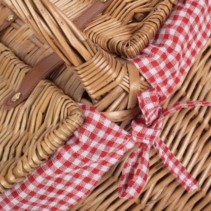 Light Steamed Willow Oval Lidded Picnic Hamper Basket with Red & White Checked Lining