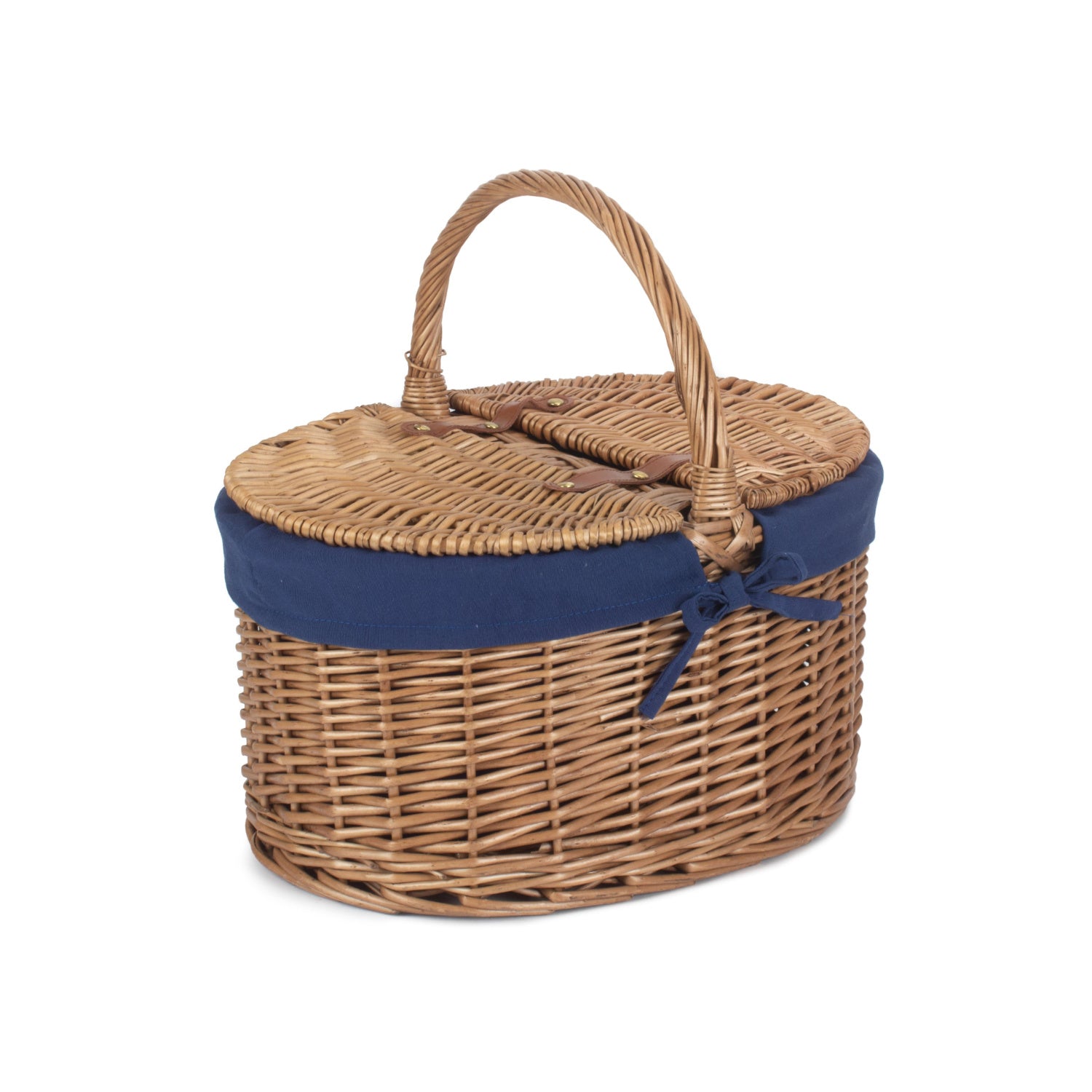 Light Steamed Willow Oval Lidded Picnic Hamper Basket Navy Blue Lining