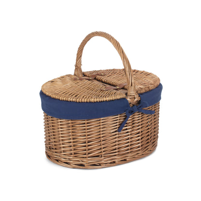 Light Steamed Willow Oval Lidded Picnic Hamper Basket with Navy Blue Lining