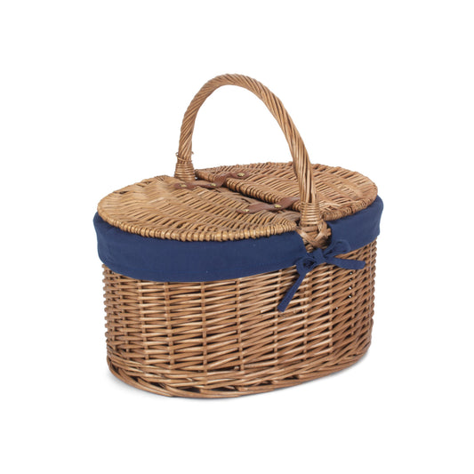 Light Steamed Willow Oval Lidded Picnic Hamper Basket with Navy Blue Lining