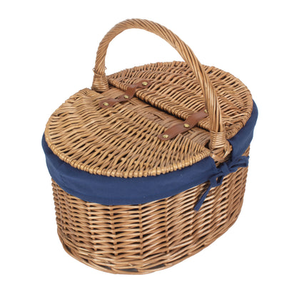 Light Steamed Willow Oval Lidded Picnic Hamper Basket with Navy Blue Lining
