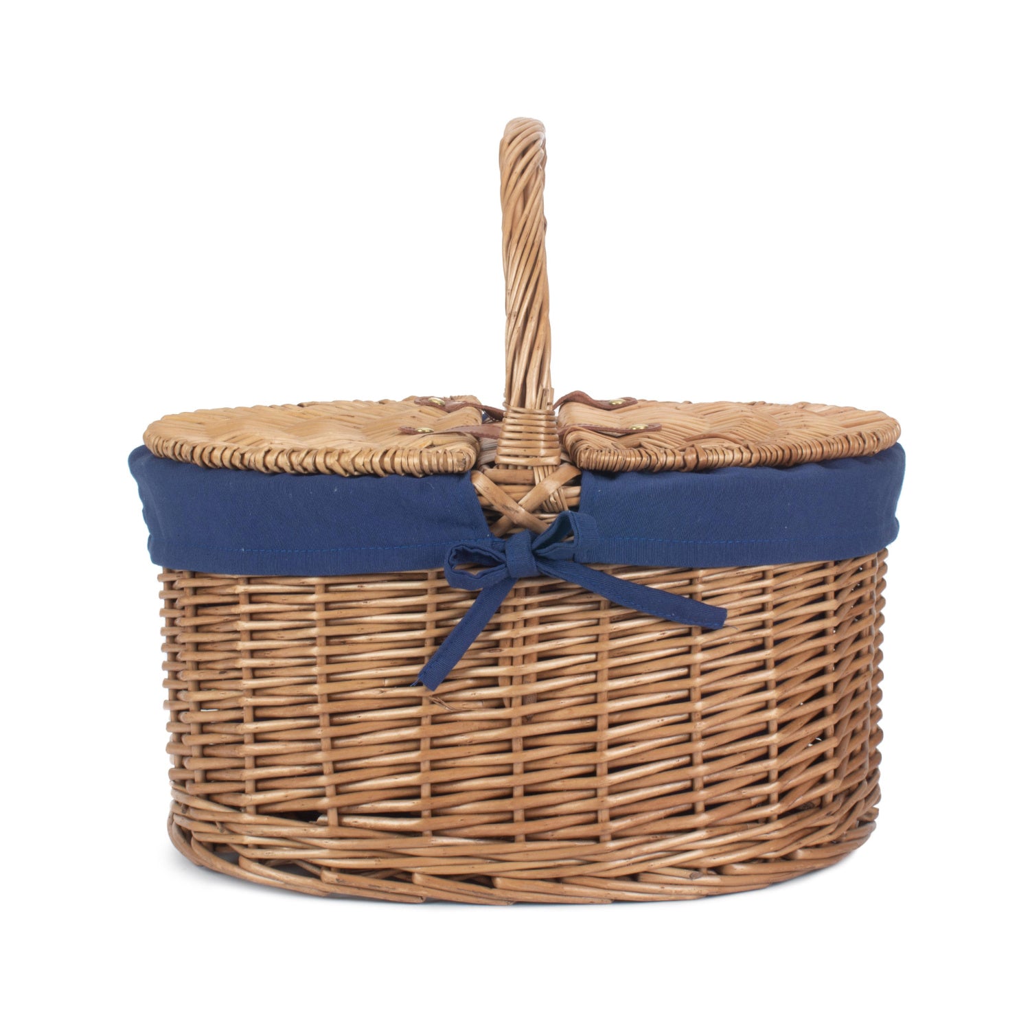 Light Steamed Willow Oval Lidded Picnic Hamper Basket with Navy Blue Lining