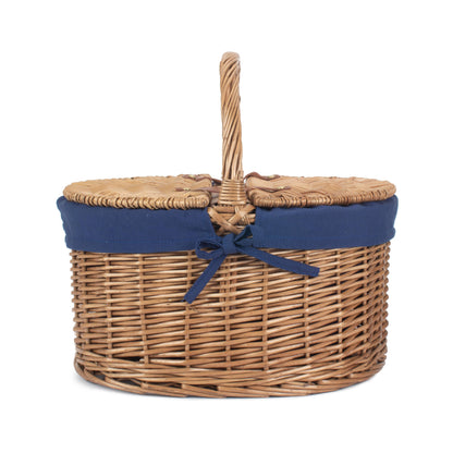 Light Steamed Willow Oval Lidded Picnic Hamper Basket with Navy Blue Lining