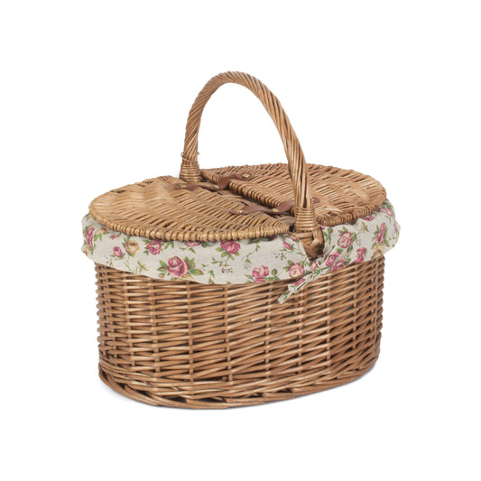 Light Steamed Willow Oval Lidded Picnic Hamper Basket with Garden Rose Lining