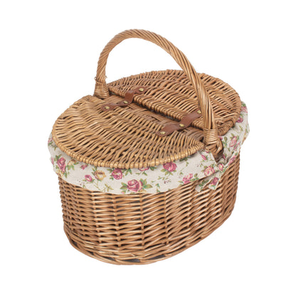 Light Steamed Willow Oval Lidded Picnic Hamper Basket with Garden Rose Lining