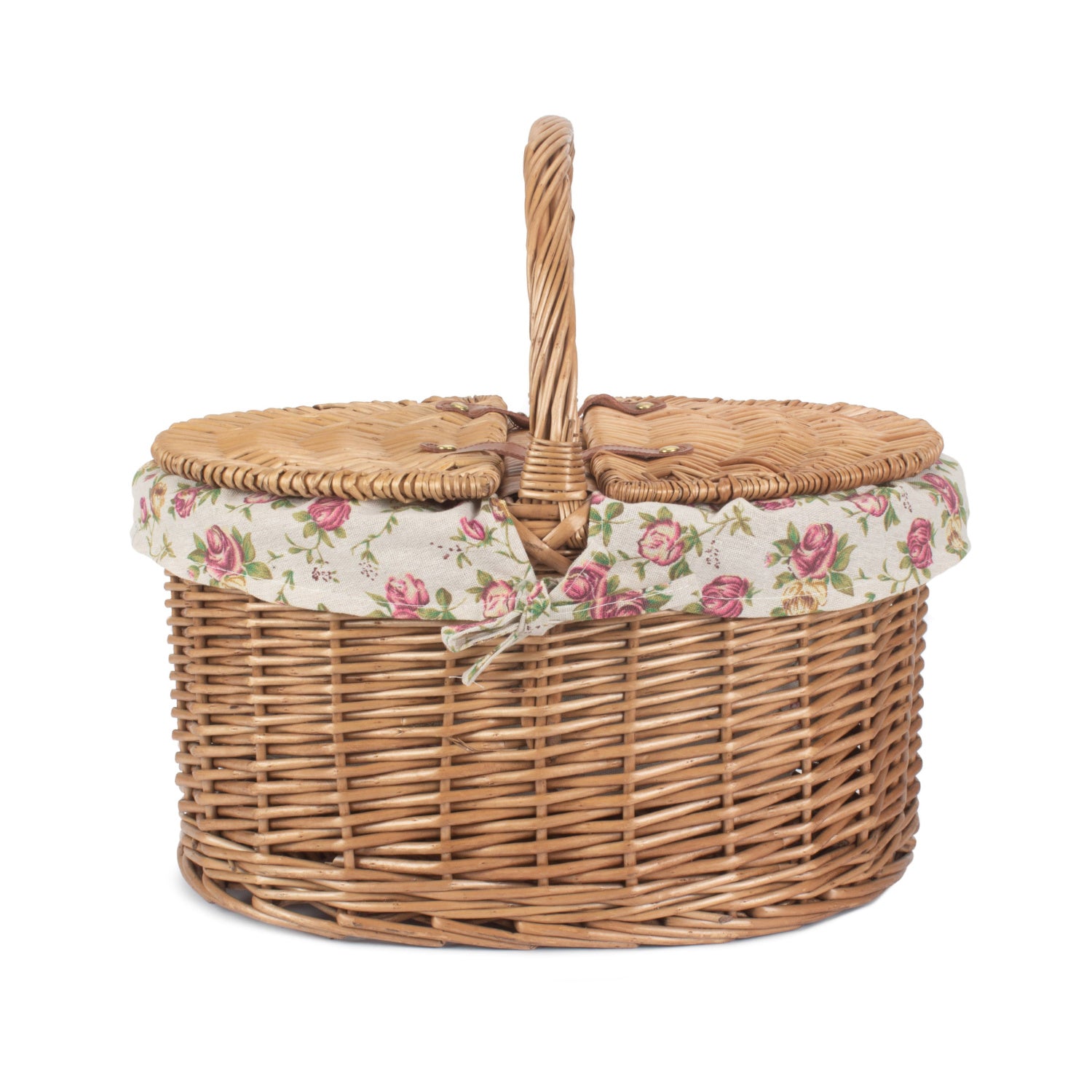 Light Steamed Willow Oval Lidded Picnic Hamper Basket with Garden Rose Lining