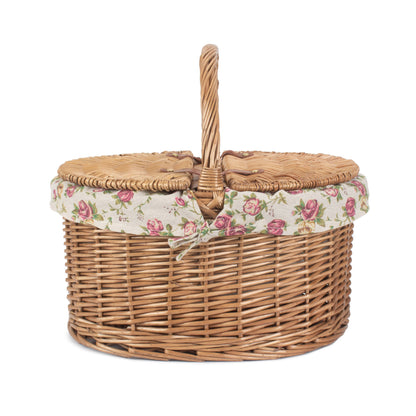 Light Steamed Willow Oval Lidded Picnic Hamper Basket with Garden Rose Lining